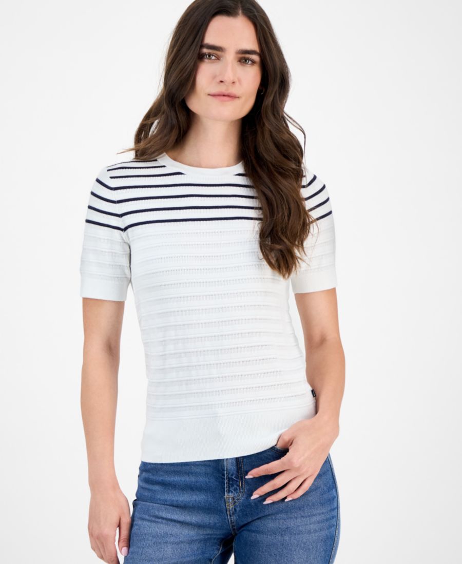 

Женский свитер с короткими рукавами и круглым вырезом в полоску Nautica Jeans, Bright White Multi