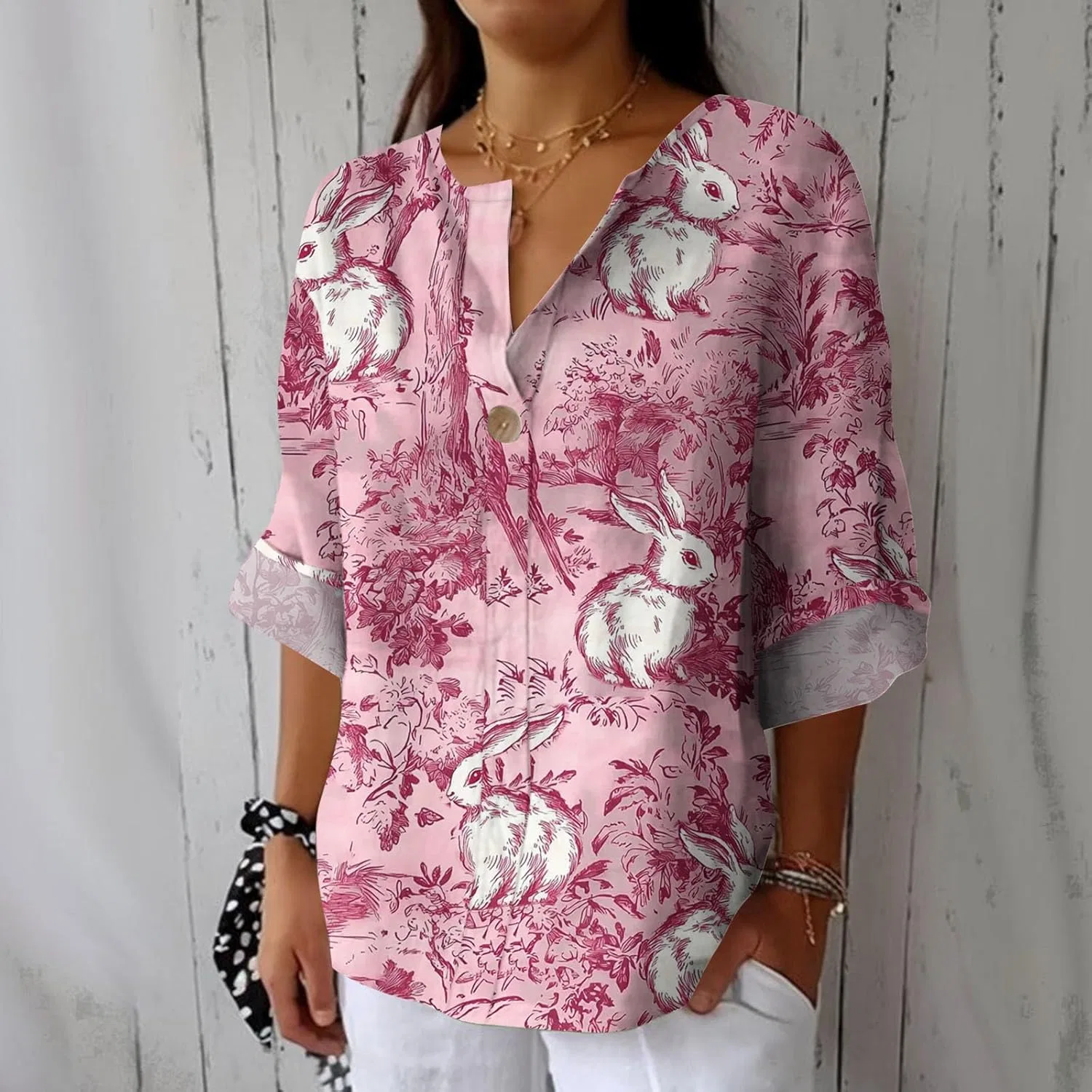Женская футболка с v-образным вырезом, свободный крой, длинный рукав, Polyester, H-759 Pink — фото 2