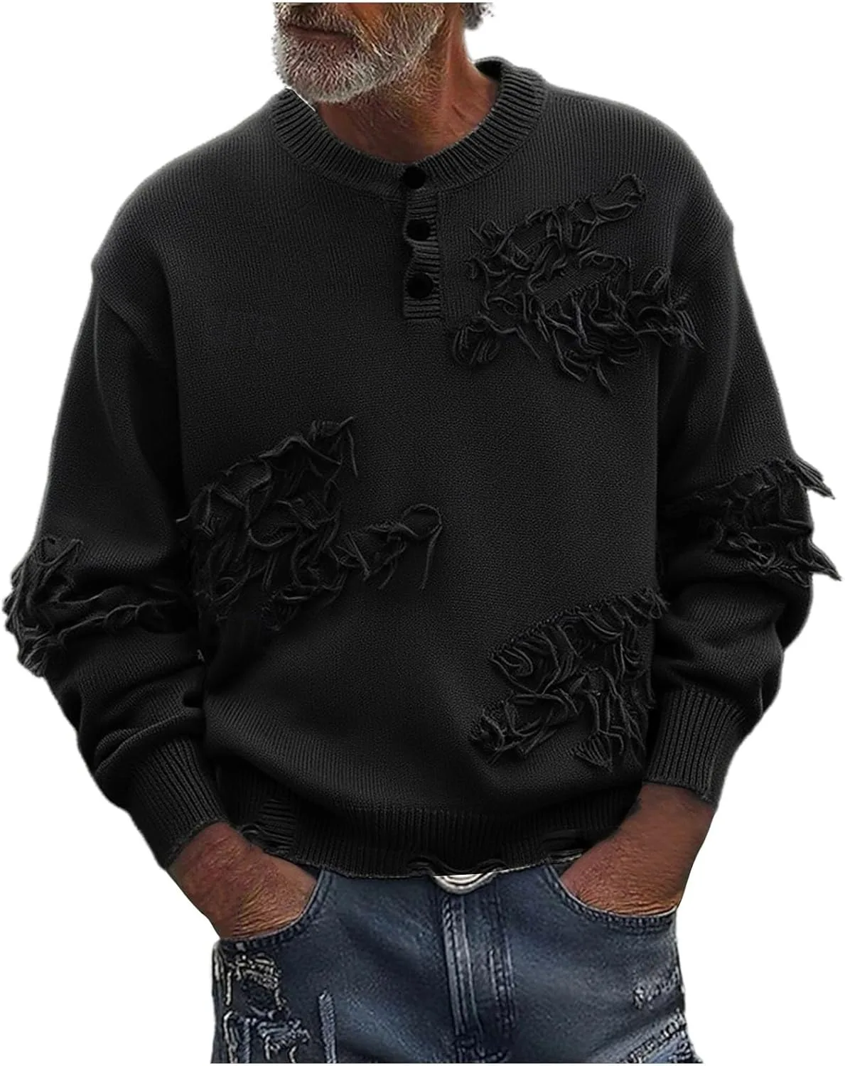 

Мужской свитер с потертостями, Crew Neck, длинный рукав, легкий и удобный