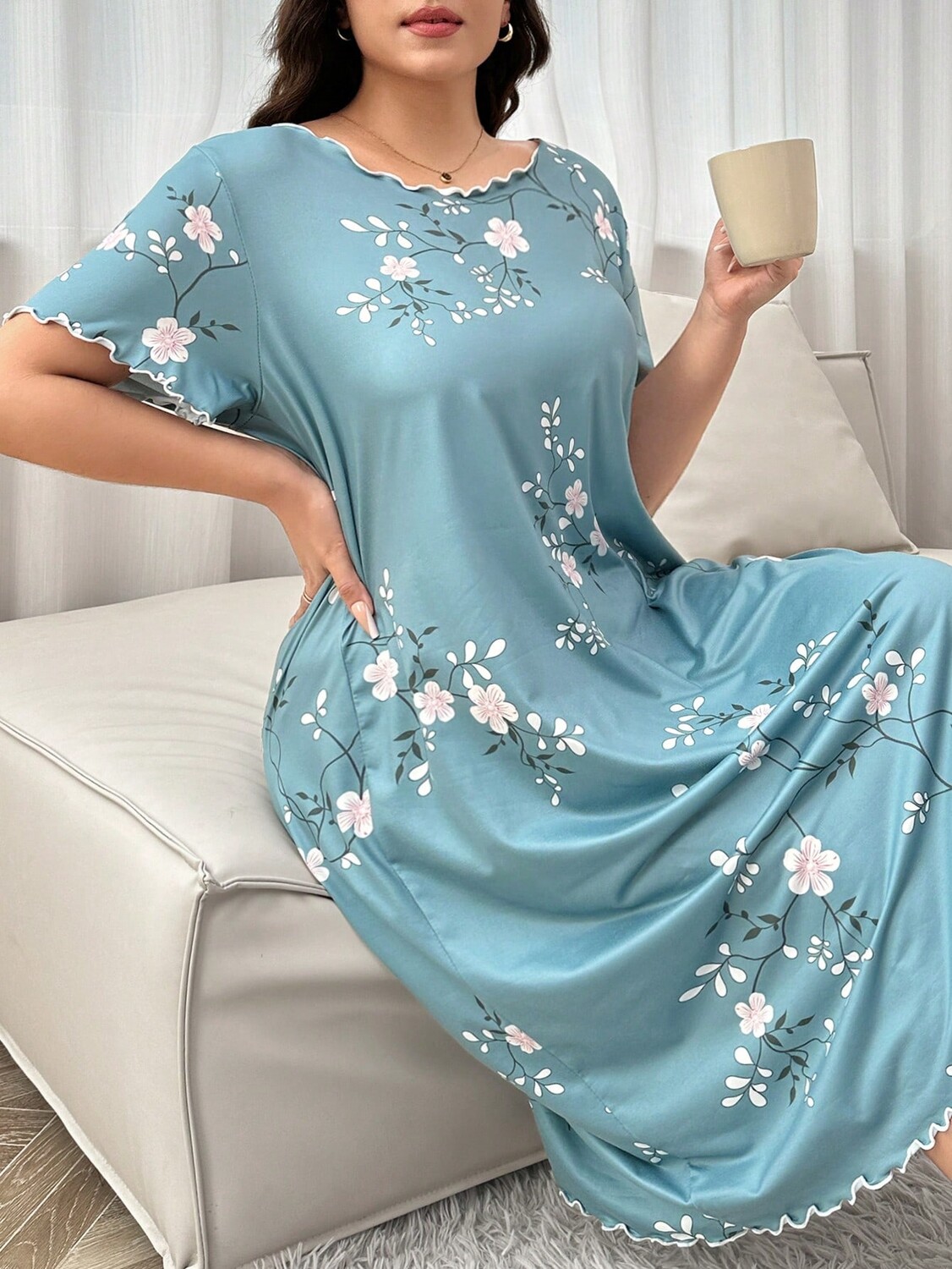 

Пижамная юбка, цветочный принт, короткие рукава, большой размер, зеленый