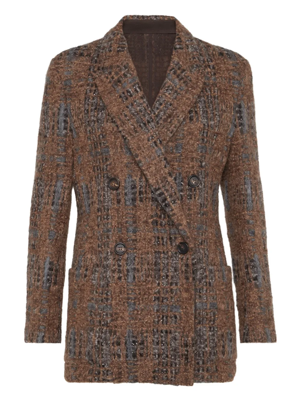 

Двубортный пиджак в клетку Brunello Cucinelli, коричневый