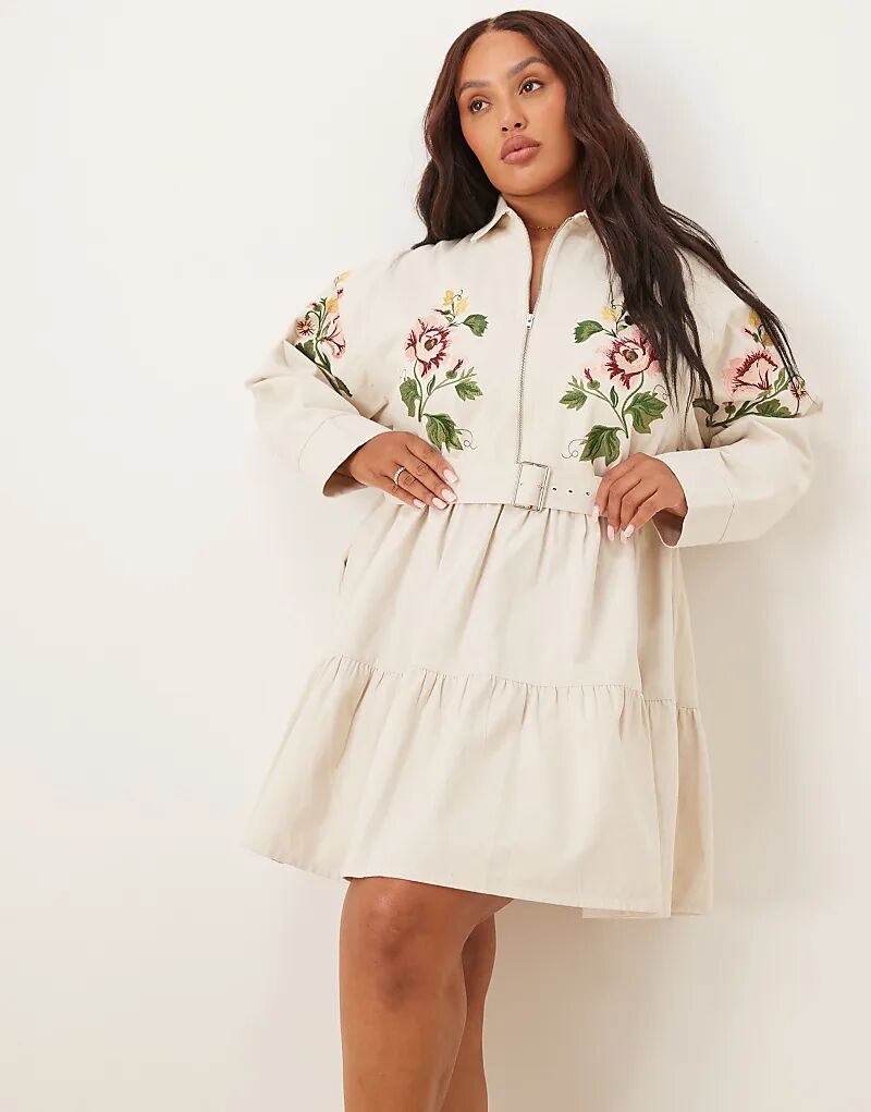 

Платье-рубашка мини-размера из твила ASOS DESIGN Curve с застежкой-молнией и вышивкой кремового цвета Asos Curve