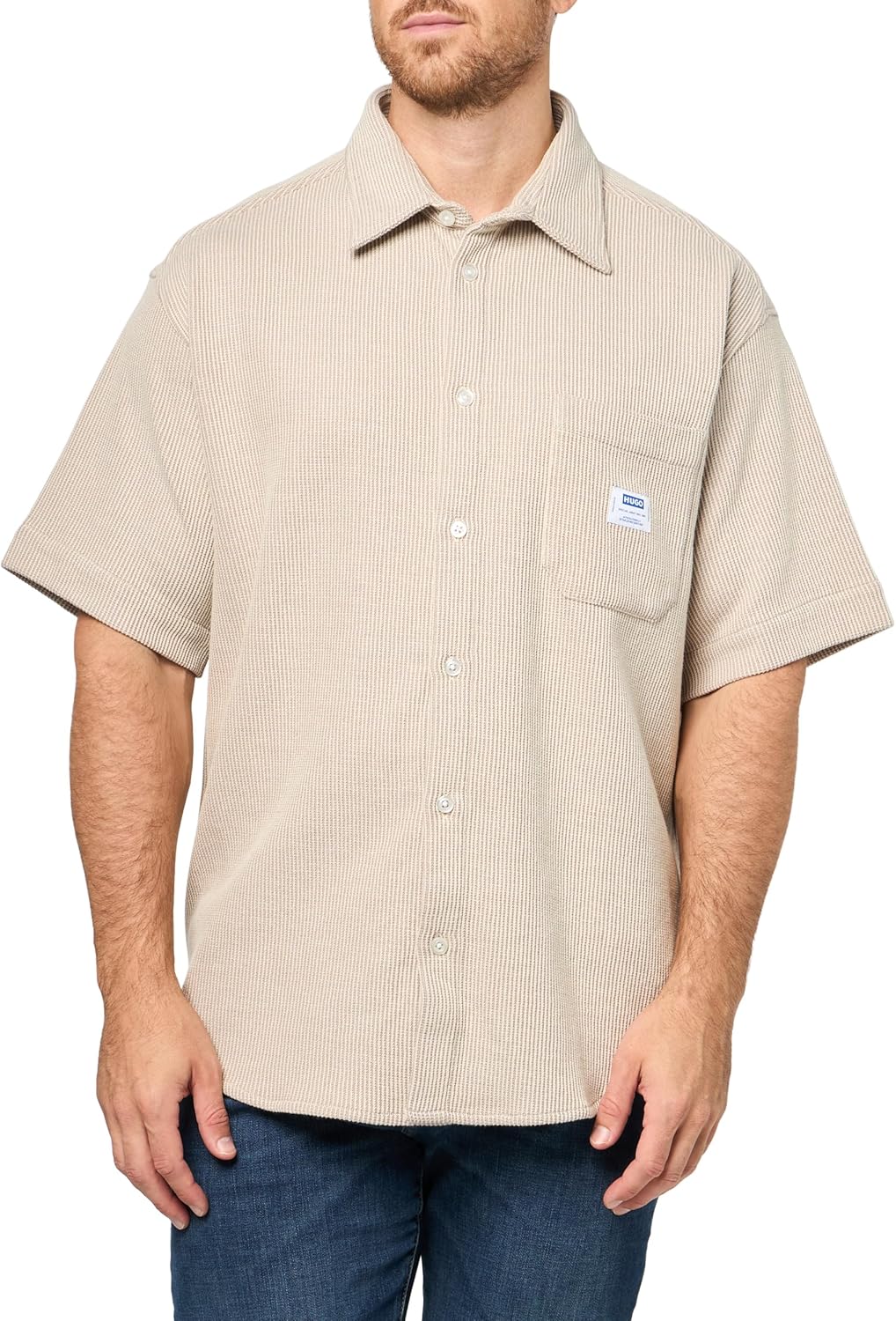 

HUGO мужская рубашка с коротким рукавом на пуговицах из вафельной ткани с добавлением хлопка, Natural Cream