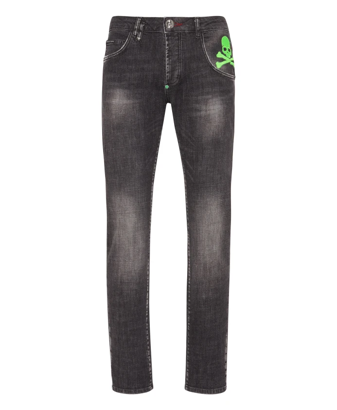 

Джинсовые брюки прямого кроя с изображением черепа и костей. Philipp Plein, черный