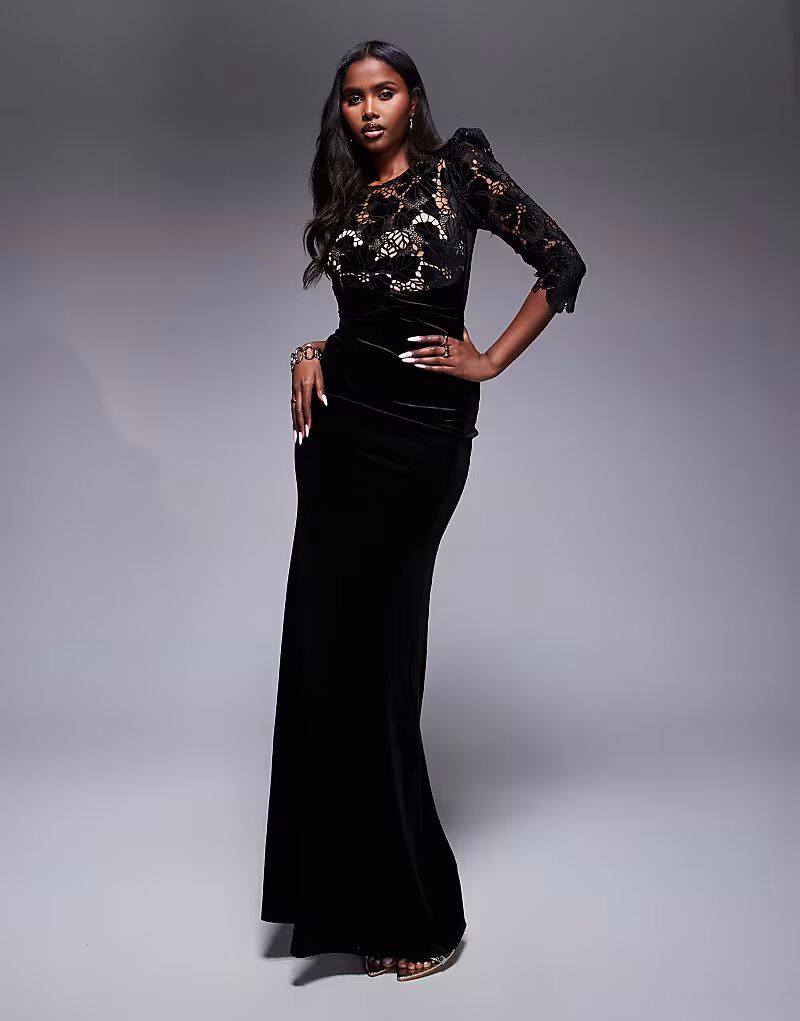 

Платье Goddiva Scalloped Velvet крючком макси черного цвета