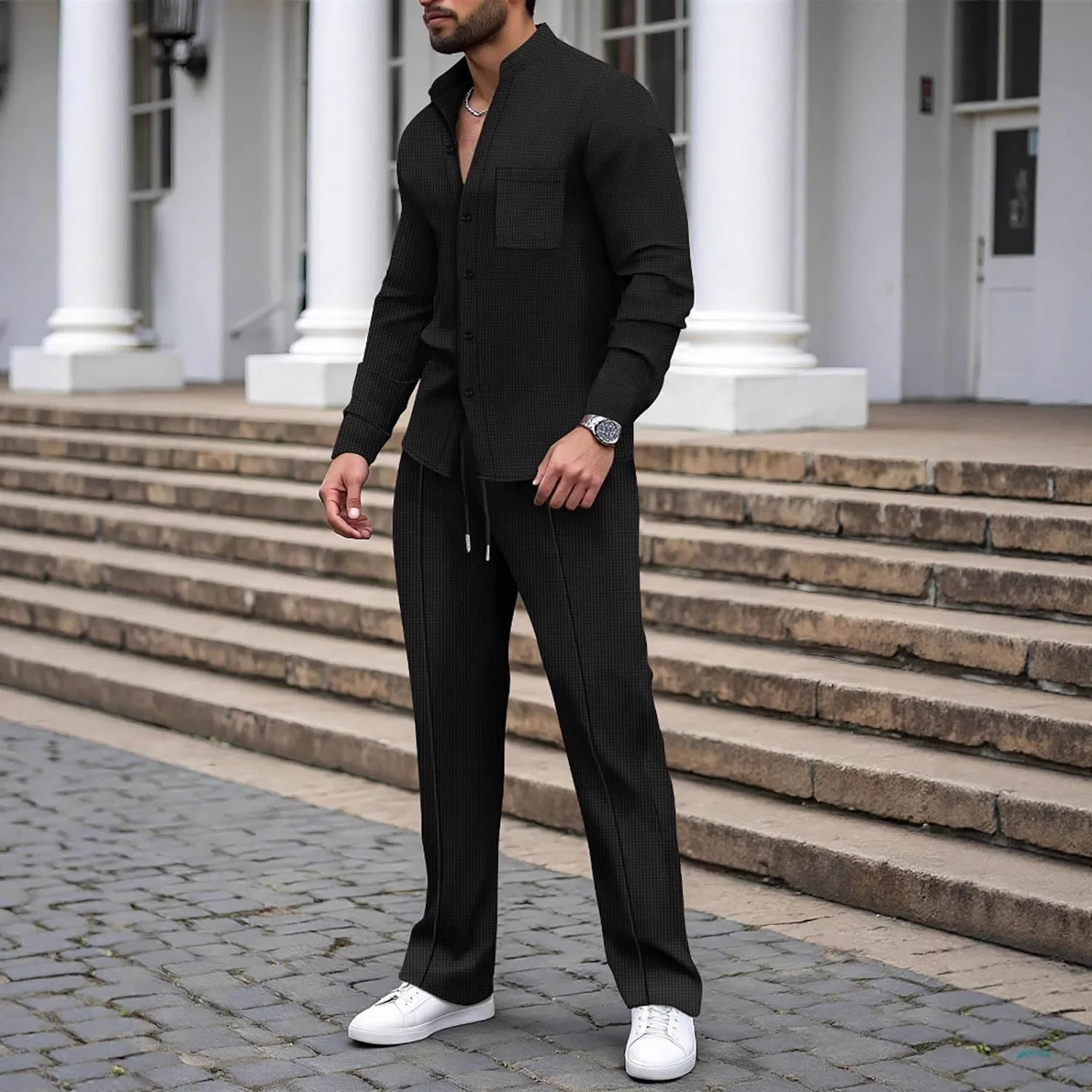 Мужской спортивный костюм из вафли, 2 предмета, Stand Collar, Black — фото 3
