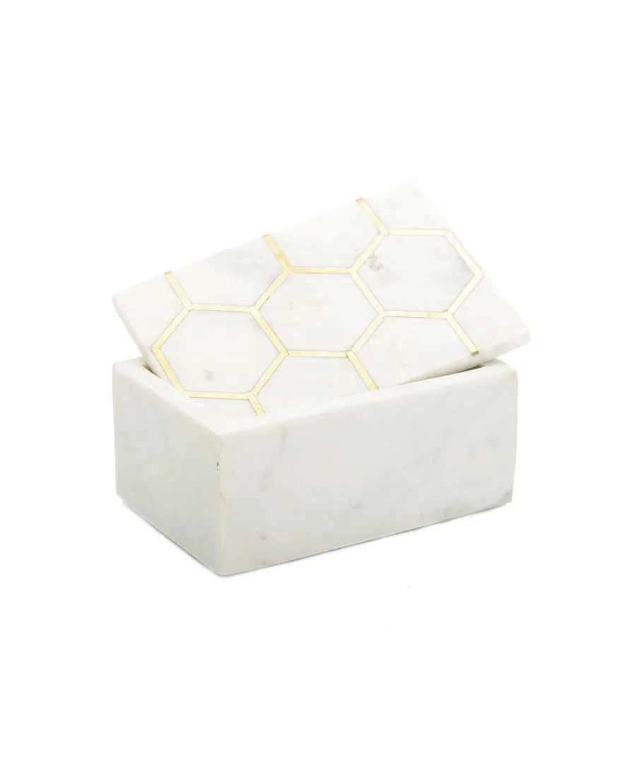 Декоративные шкатулки из мрамора с шестиугольным узором на крышке, набор из 2 штук Classic Touch, белый/золотой