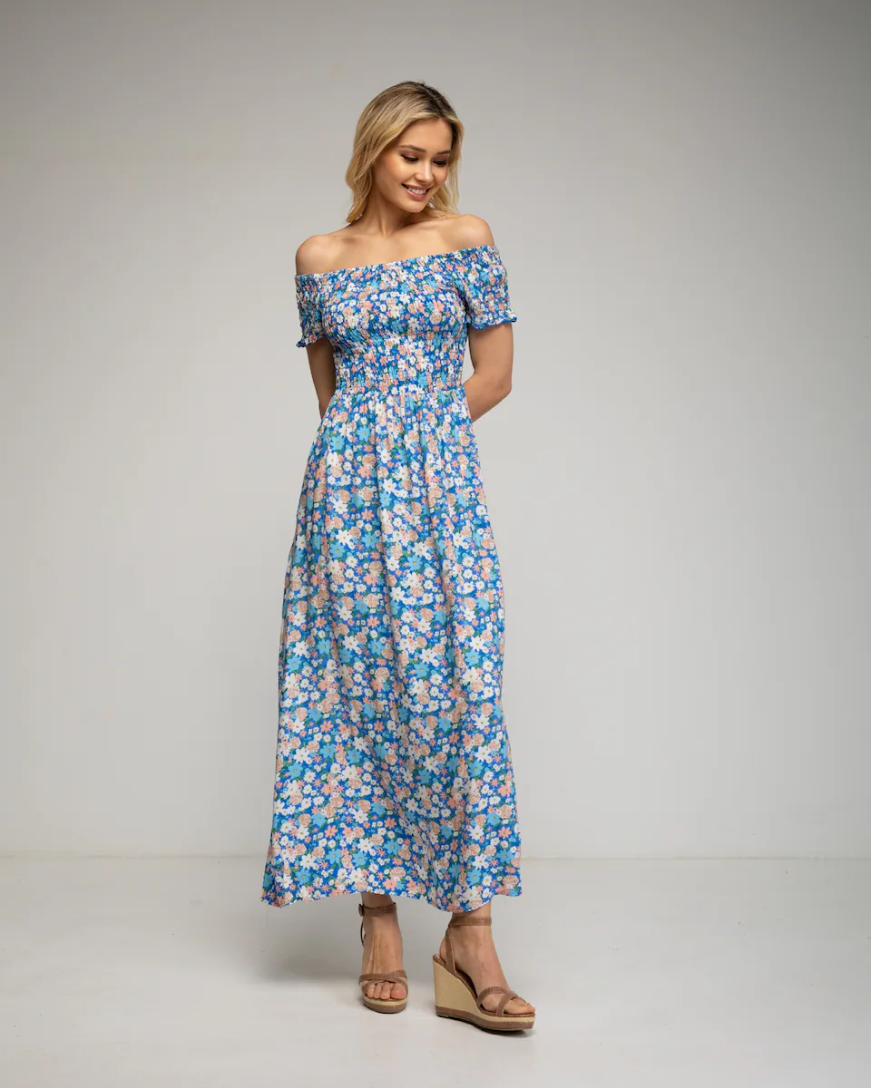 

Макси-платье с цветочным принтом, сборками на груди и рукавах Tantra, индиго/синий