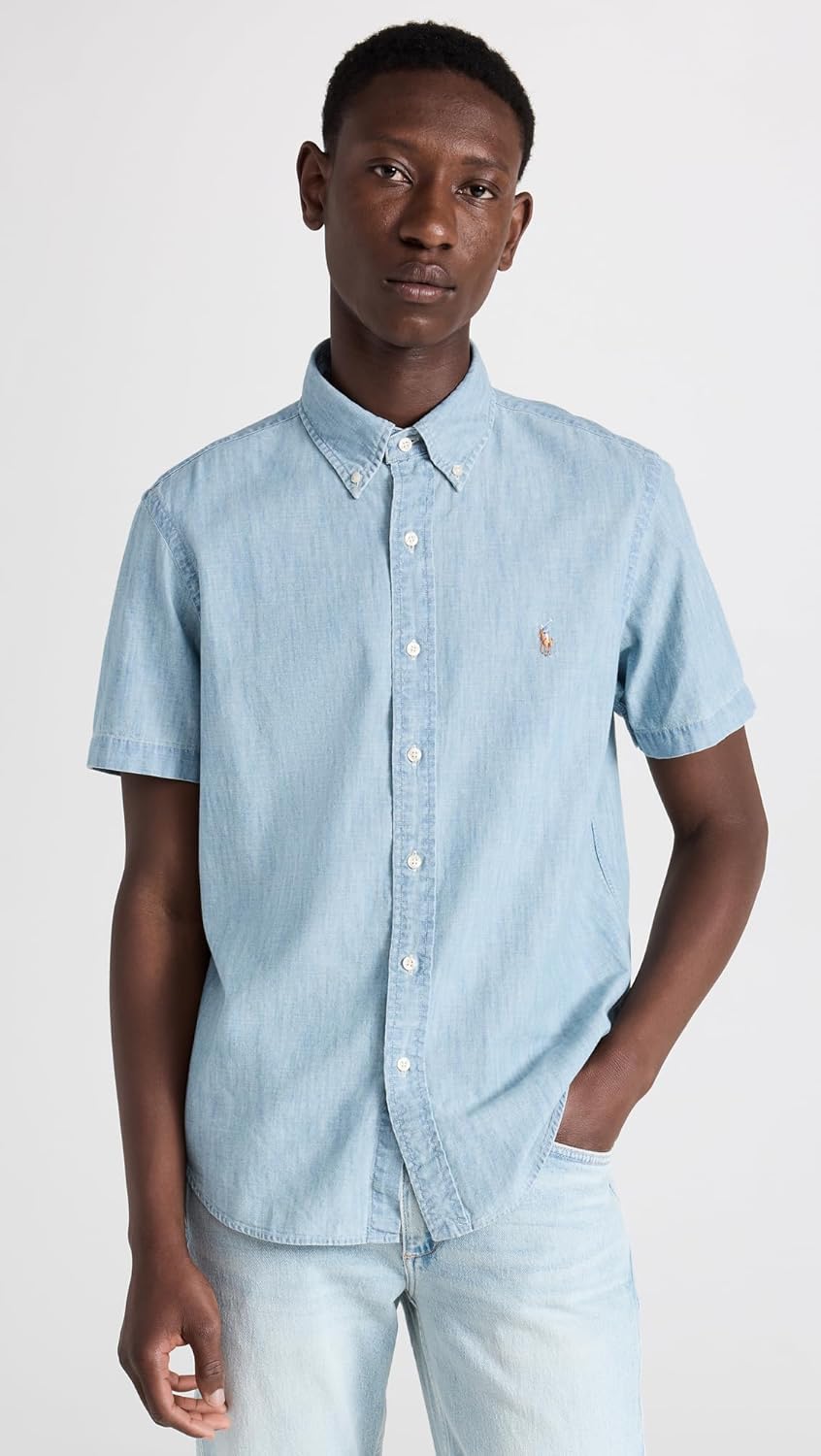 POLO RALPH LAUREN Мужская короткая рубашка из льна Classic, Light Indigo — фото 2