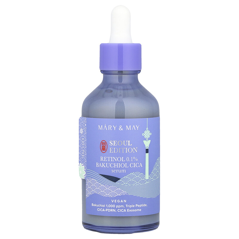 

Mary & May, Seoul Edition, 0,1% сыворотка с ретинолом и бакучиолом, без отдушек, 80 мл (2,7 жидк. Унции)