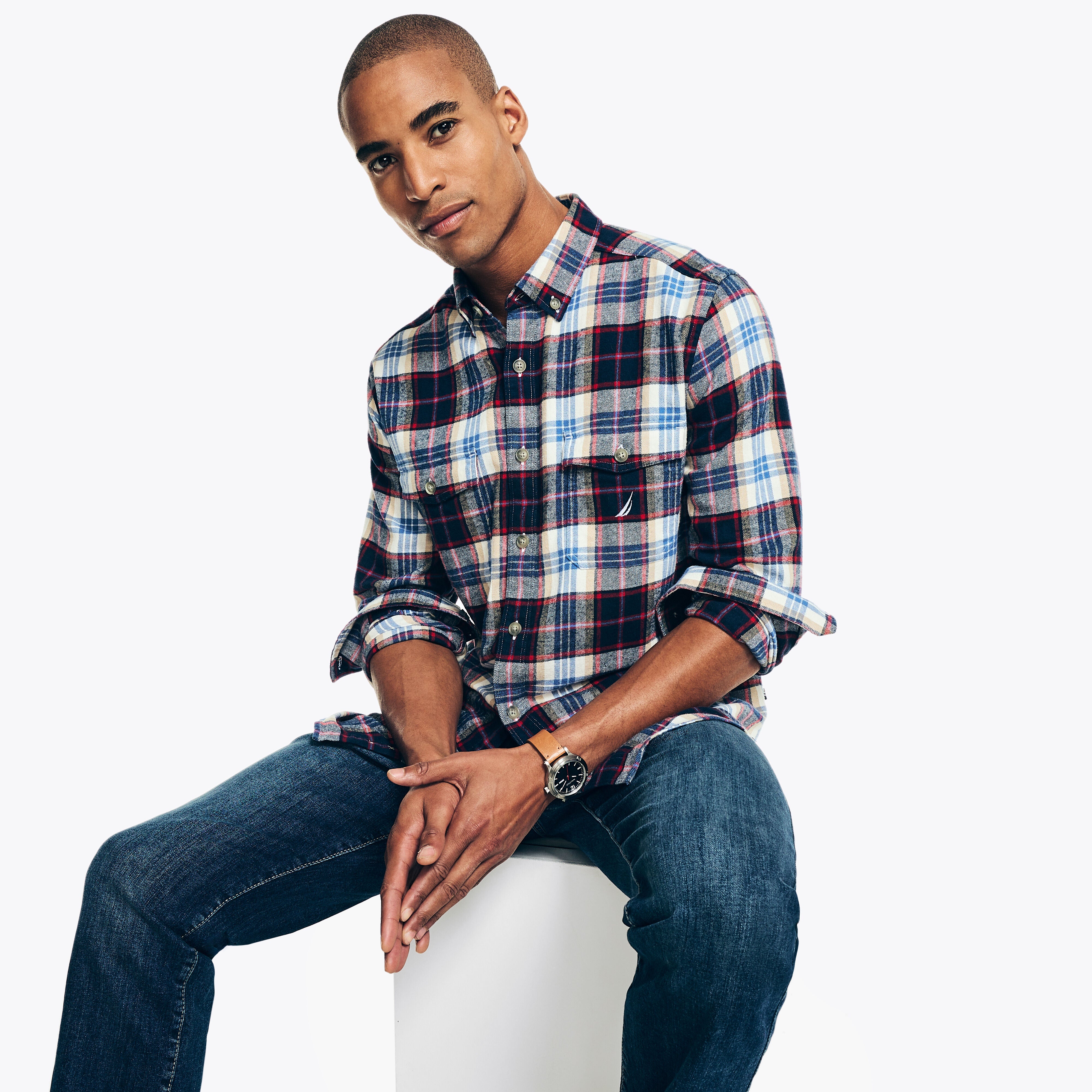 

Мужская рубашка Nautica Sustainably Crafted Flannel Plaid Shirt, цвет marshmallow