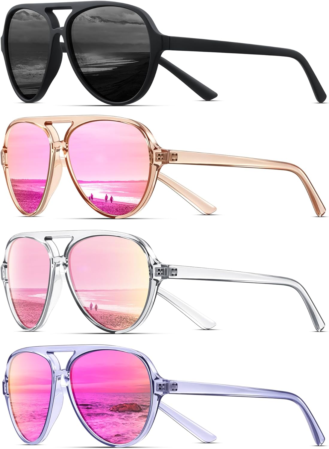 

Женские поляризованные солнцезащитные очки-авиаторы KUGUAOK в спортивном стиле для бега, оправа, предотвращающая спутывание линз, винтажный модный дизайн, 4pcs-black+champagne+clear Pink+blue Pink