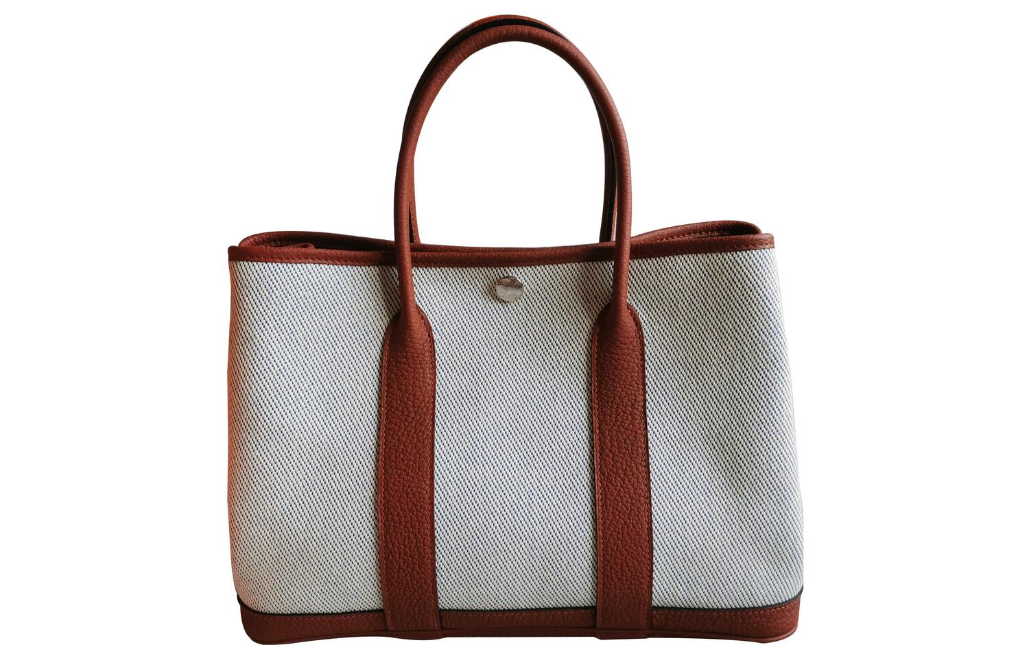 

Сумка садовая из холста с кожаными вставками женская бежевая/синяя/медно-красная HERMES