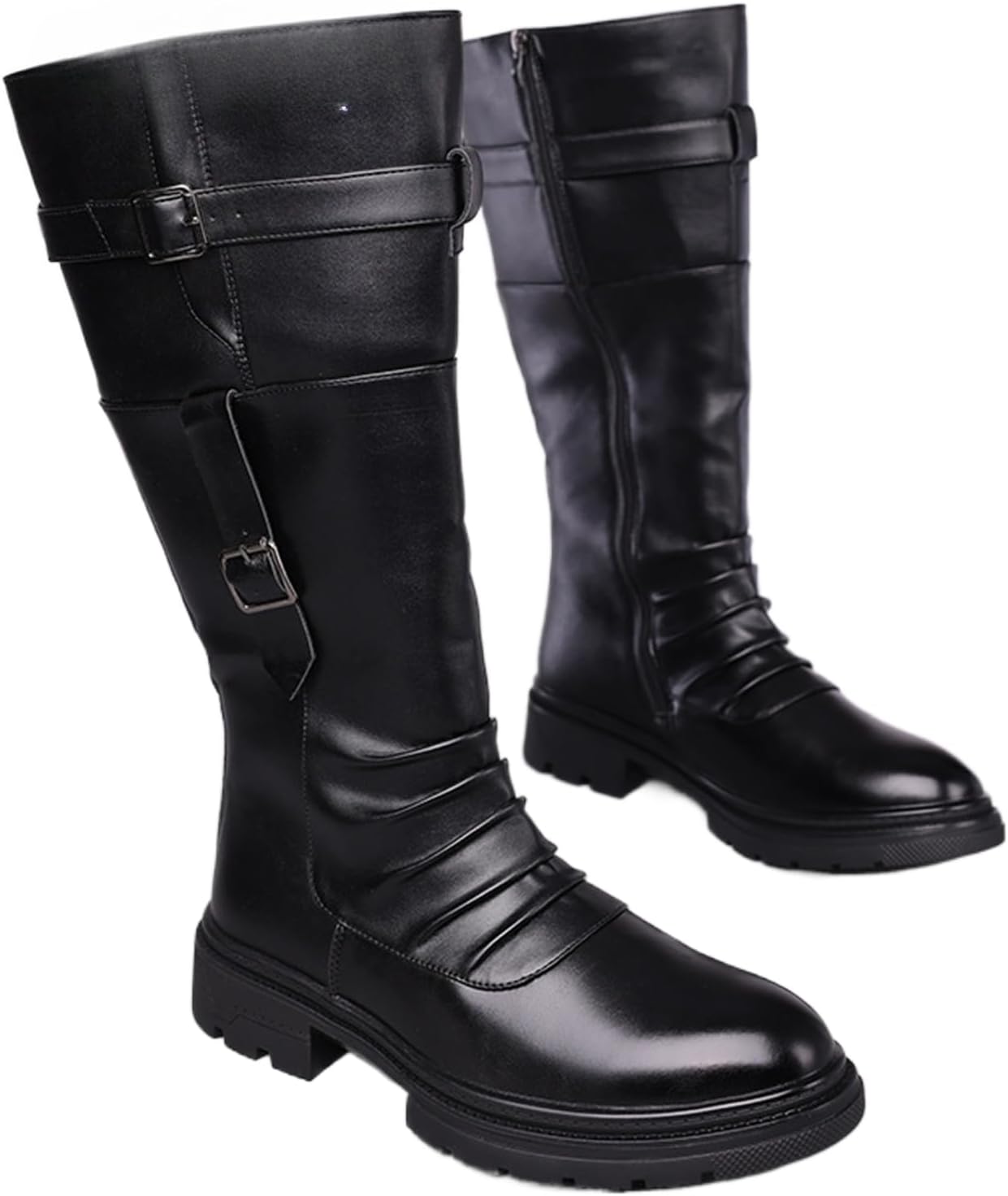 

Мужские кожаные высокие ботинки на молнии сбоку с платформой, массивной пряжкой, удобные и теплые, для повседневной носки, вечеринок, прогулок на открытом воздухе, охоты и верховой езды Qklmwes, черный