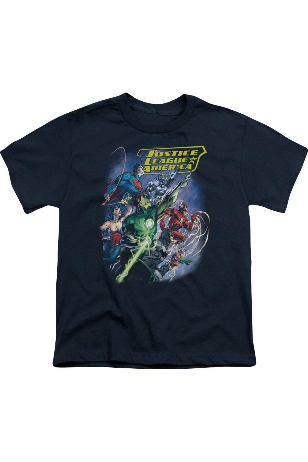 

Футболка с коротким рукавом для детей "Лига справедливости Америки: Вперед" Gildan, темно-синий