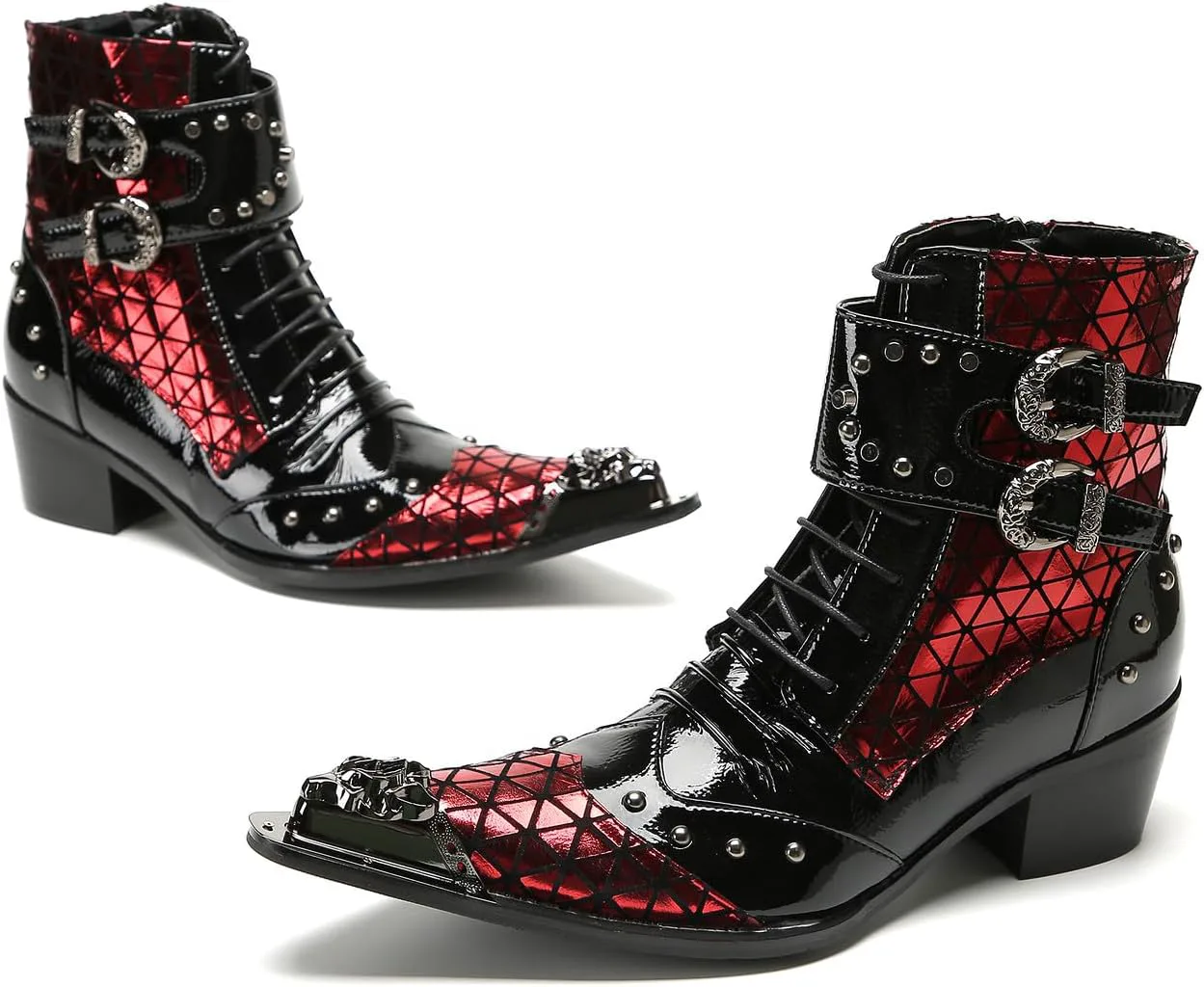 

Мужские готические панк-ботинки Santimon в западном стиле с пряжкой - настоящая кожа, металлический заостренный носок, ботинки на шнуровке с пряжкой и заклепками для клуба, вечеринки или сцены, красный