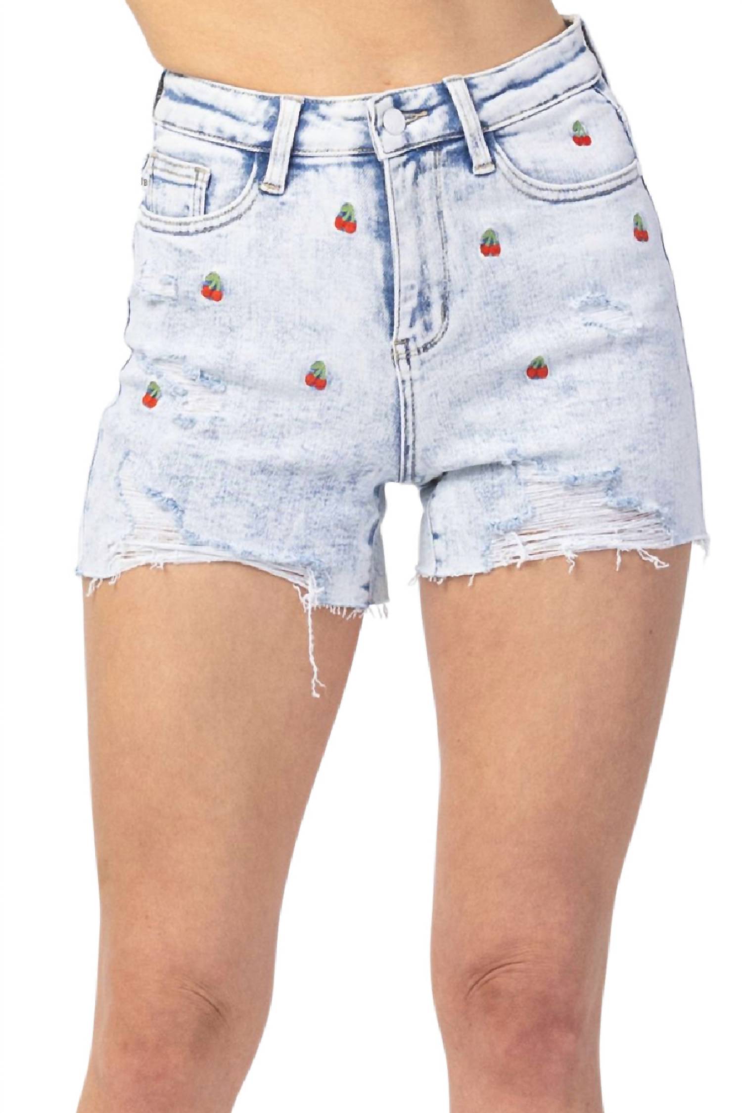 

Короткие шорты с высокой посадкой и вышивкой Cherry, цвет Acid Wash Judy Blue