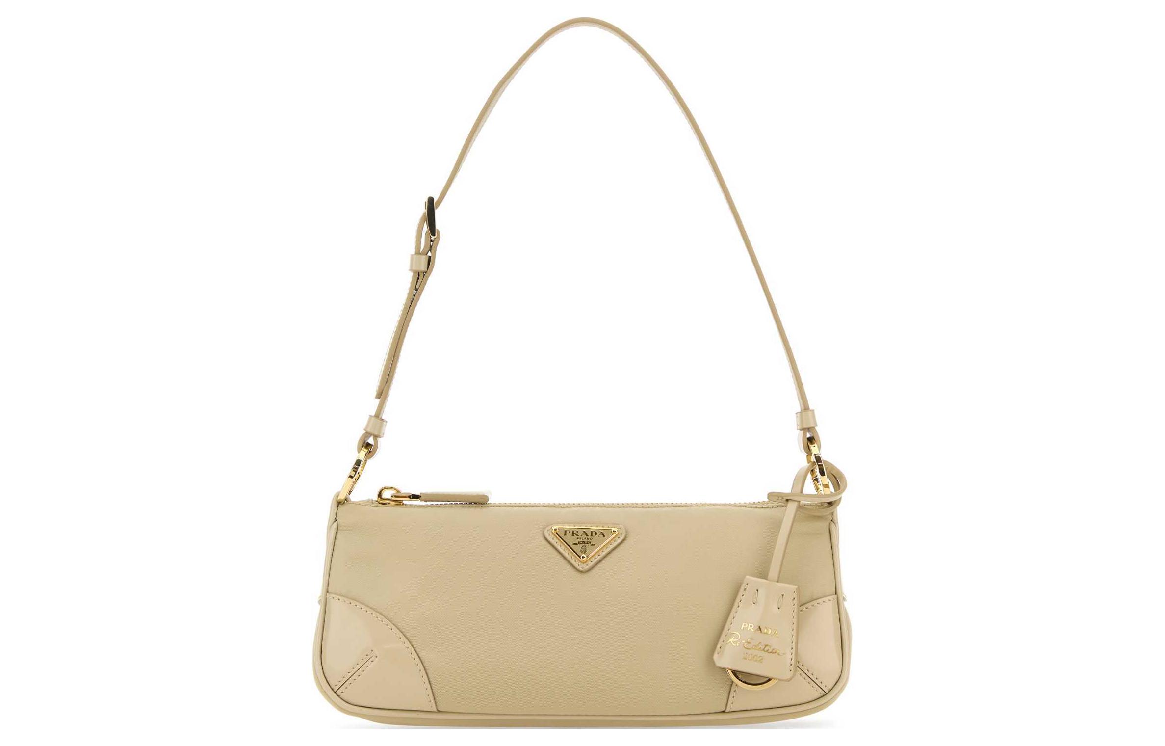 

PRADA Сумка Re Edition из переработанного нейлона с блестящей кожей, женская сумка через плечо песочного цвета