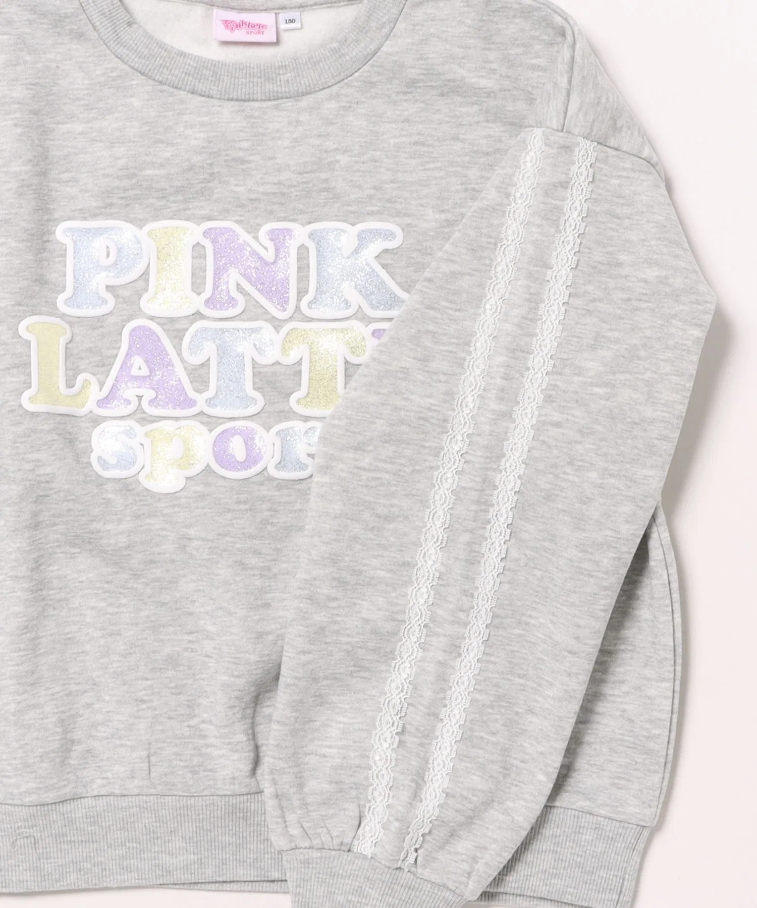 PINK-late SPORT / Толстовка с круглым вырезом и кружевной лентой цвета розового латте в спортивном стиле — фото 3