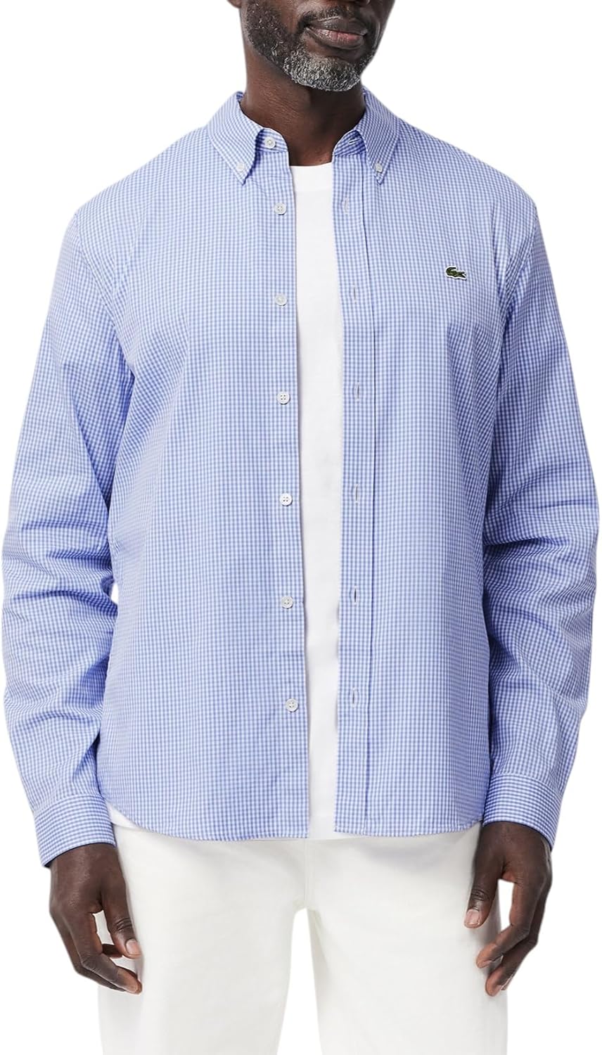 Lacoste мужская длинная рубашка в клетку Gingham на пуговицах, White/Overview Supima Cotton