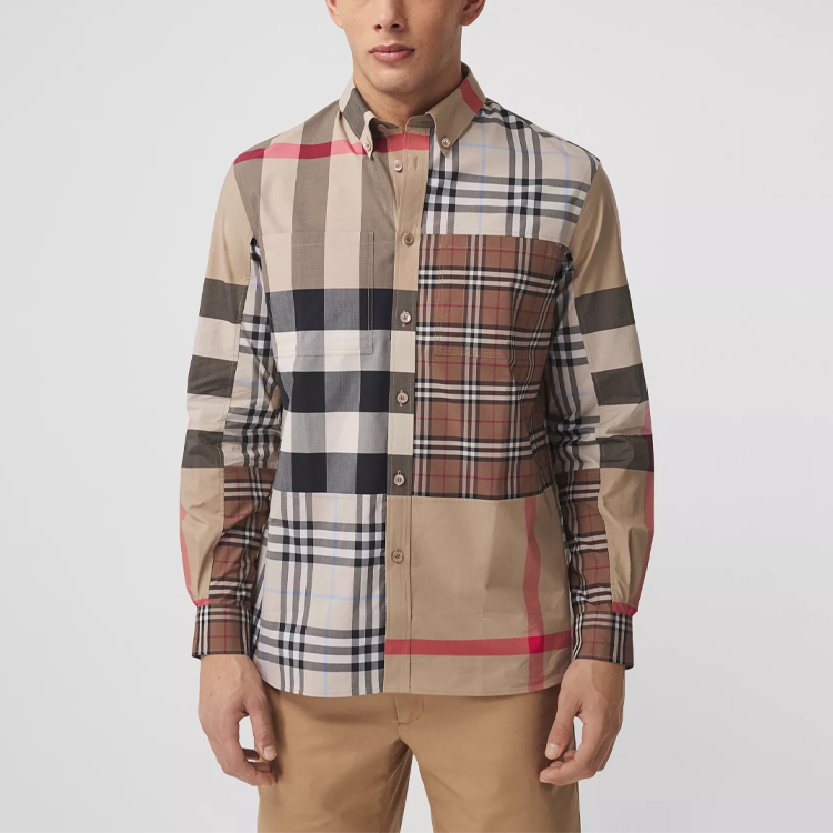 Классическая клетчатая хлопковая свободная рубашка с длинным рукавом Burberry, светло-миндальный цвет — фото 3