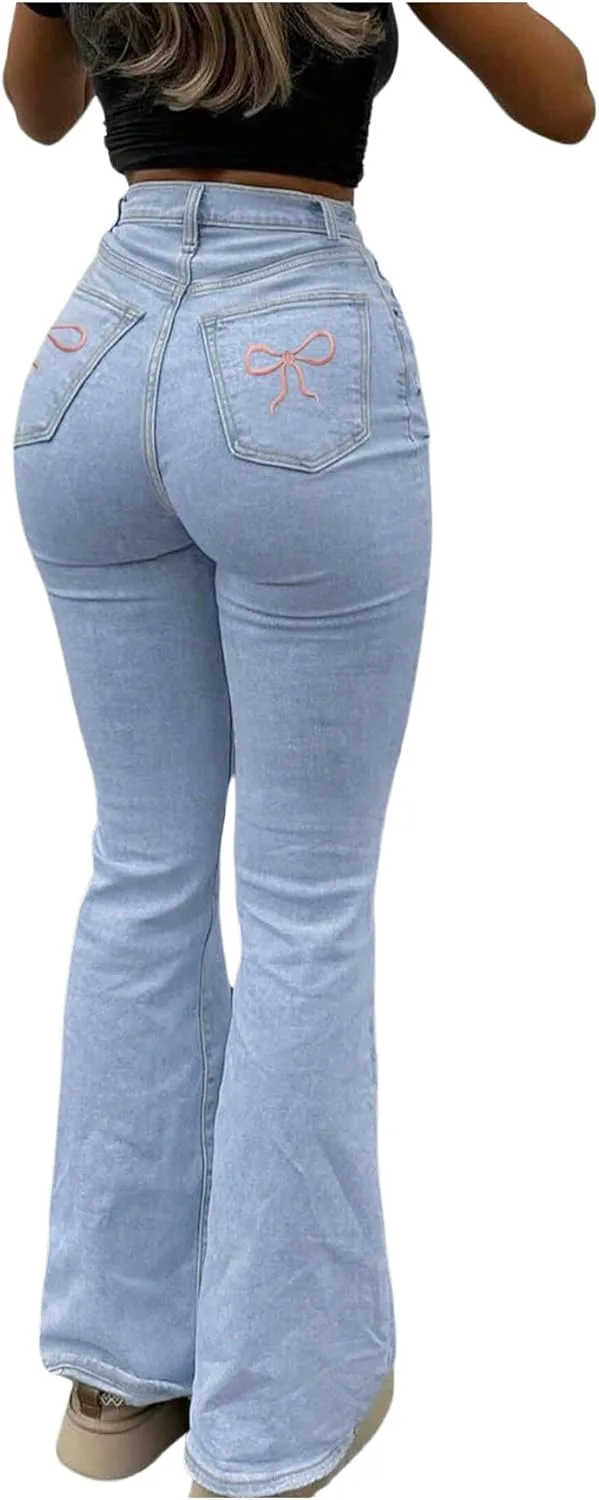 

WDIRARA Женские джинсы-клеш с бантом на поясе