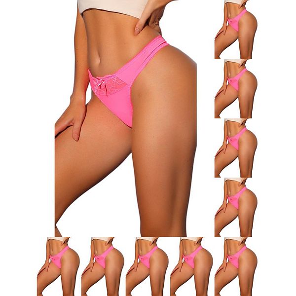

10 пар женских бикини-стрингов из сатина с низкой посадкой и кружевной резинкой Inspire Chic, Bright Pink, Розовый, 10 пар женских бикини-стрингов из сатина с низкой посадкой и кружевной резинкой Inspire Chic, Bright Pink
