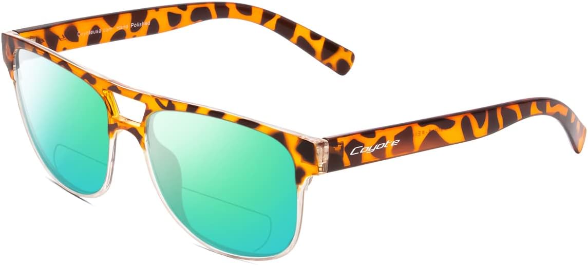 

Солнцезащитные очки Coyote Elixir унисекс с поляризацией или бифокальными линзами | Защита от УФ-излучения | Квадратная форма | 52 мм, Tortoise Clear Fade Frame/Green Mirror Lens