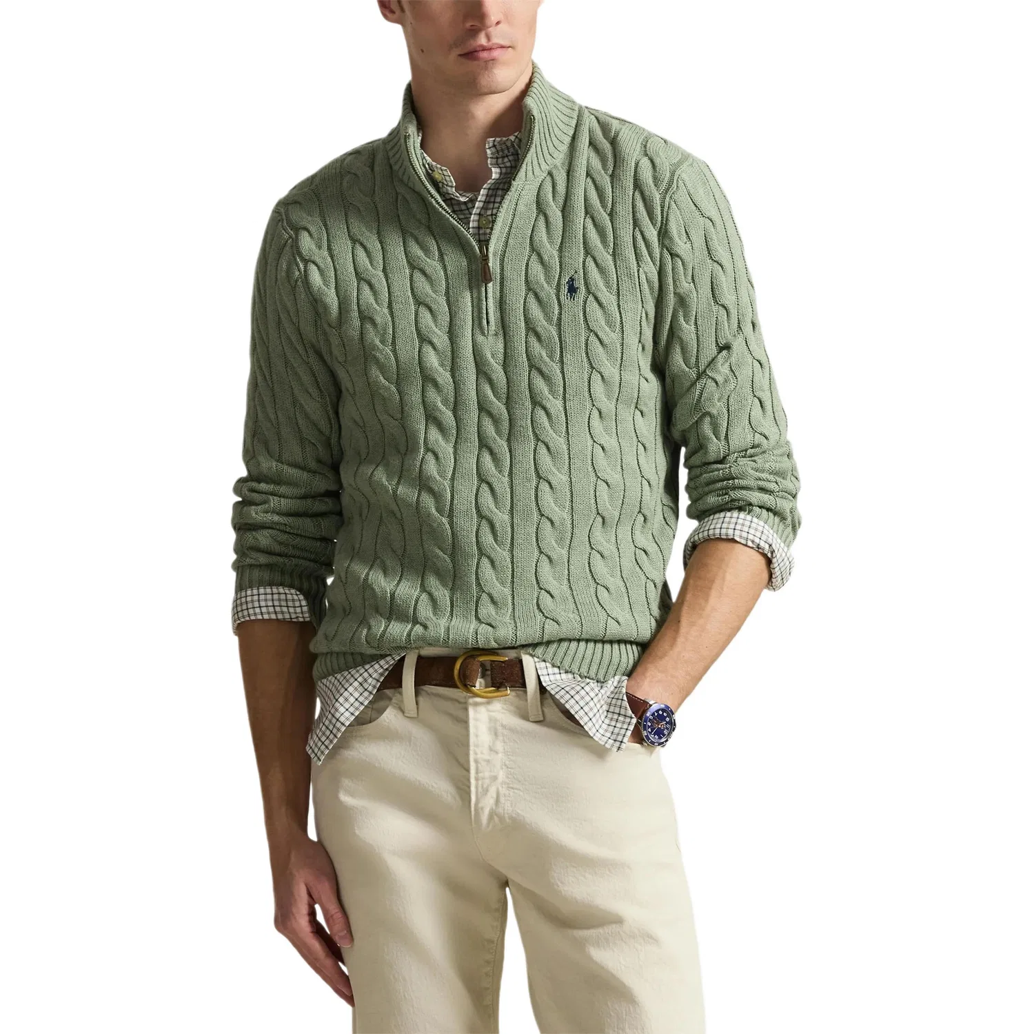 Свитер с полузастежкой-молнией, вязаный косами Polo Ralph Lauren, Fern Green — фото 3