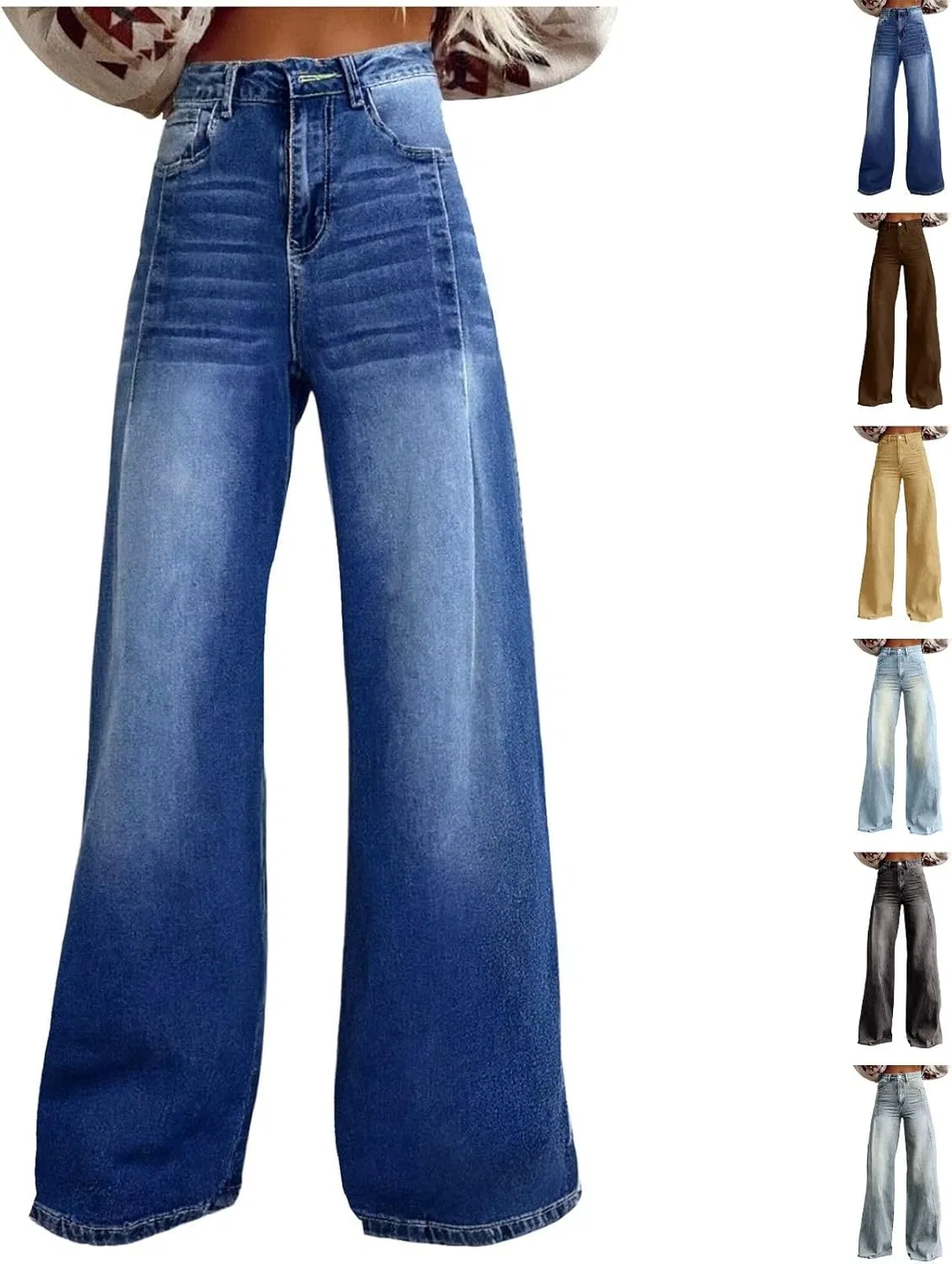 Джинсы расклешенные, Womens Wide Leg Jeans High Waisted, A-dark Blue