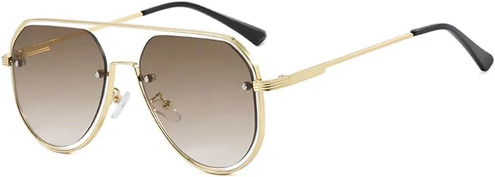 

Солнцезащитные очки с двойной перемычкой для женщин, ретро-оправа из полого металла для мужчин, модные темно-зеленые солнцезащитные очки HVTVTLA, Golden Tea Gradient