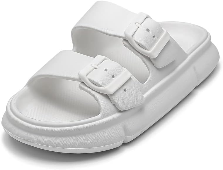 

Тапочки-подушечки для женщин и мужчин, регулируемые шлепанцы с двойной пряжкой, сандалии с толстой мягкой подошвой и открытым носком Fswinder, белый