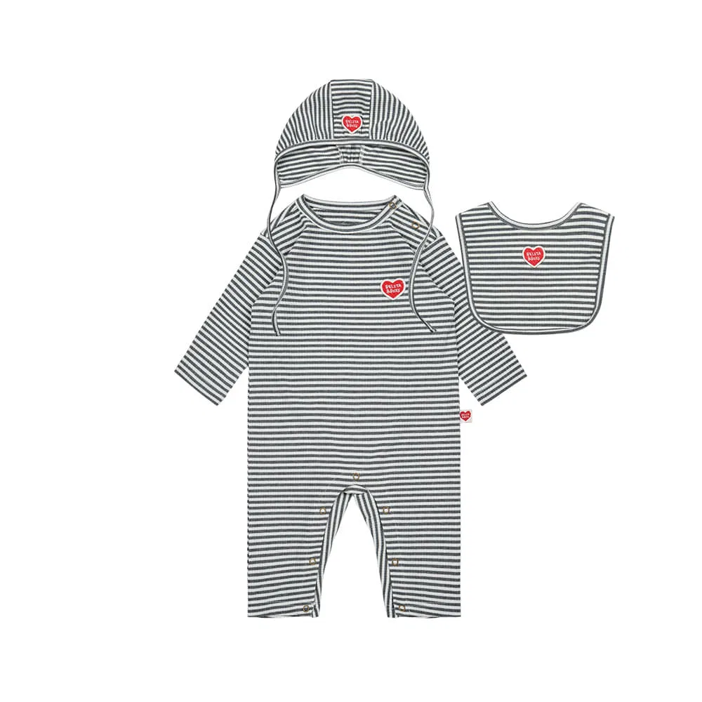 Детский полосатый комбинезон с нагрудником и чепчиком "Baby Stripe" серый от Belita&Boys