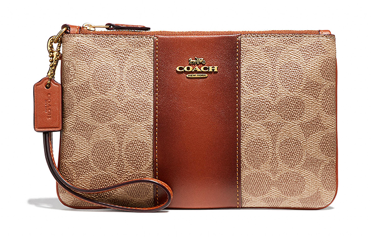 

COACH Женская наручная сумочка клатч из холста с кожаными вставками в красно-коричневой гамме
