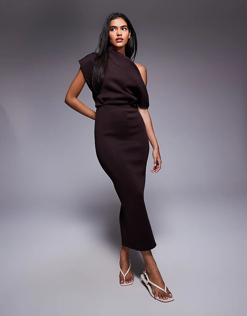 

Платье миди ASOS DESIGN с эффектным вырезом и принтом «скуба» шоколадного цвета