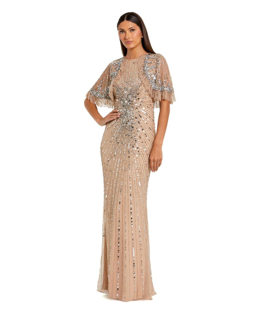 

Женское приталенное платье из сетчатой ткани, расшитое бисером, с накидкой Mac Duggal, Nude silver