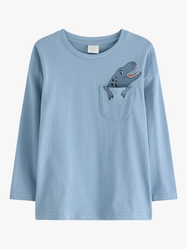 

Детская хлопковая футболка с длинным рукавом и динозавром на кармане Lindex, Dusty Blue