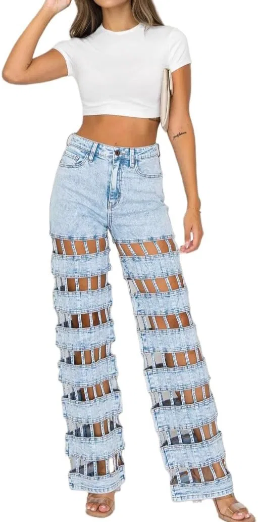 Джинсы Wide Leg с вырезами, Women, Blue