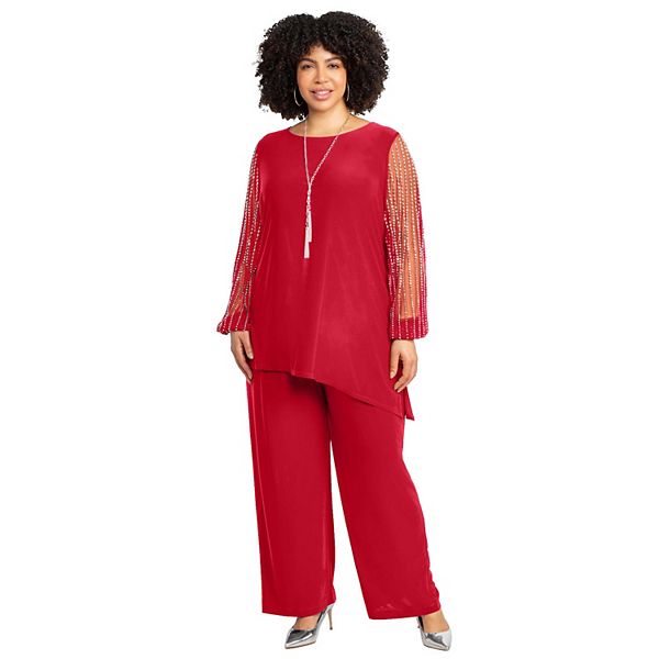 

Женский костюм с бисером и сетчатыми рукавами, plus size Catherines, Red