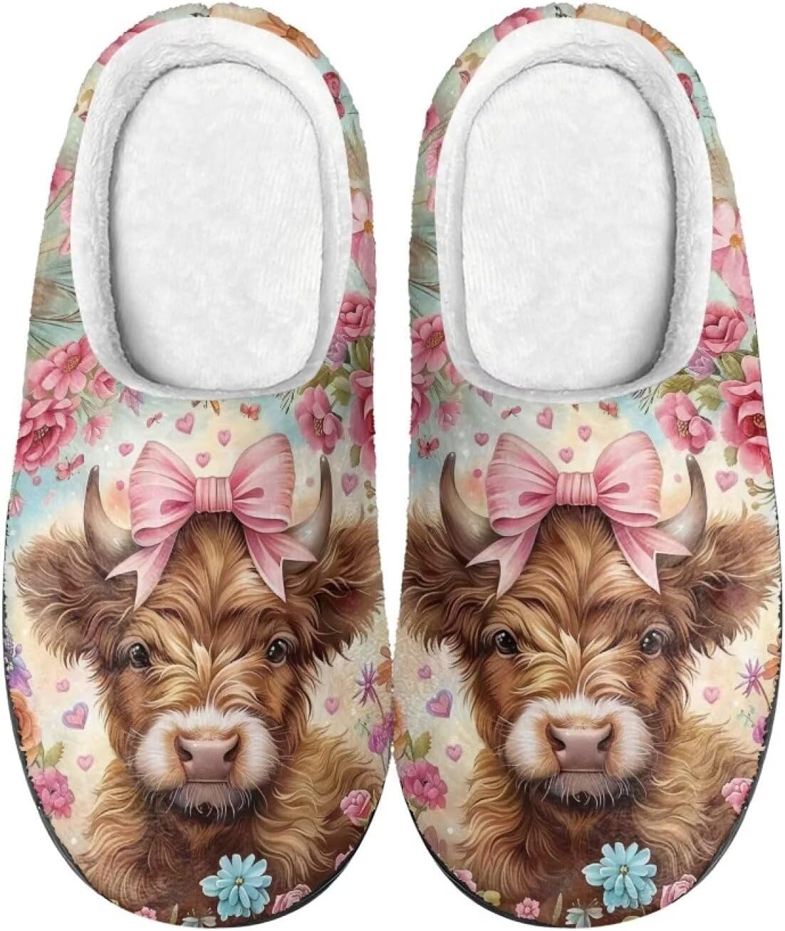 

Тапочки Xpyiqun для женщин и мужчин, домашние слипоны, пушистые теплые зимние тапочки, размер 4-12, Highland Cow Floral Cute