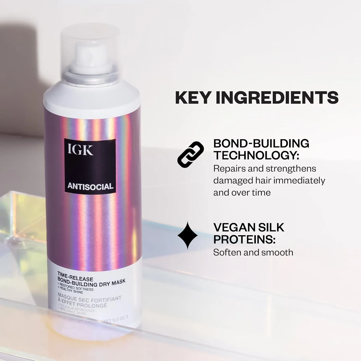 IGK Antisocial Bond-Building Dry Hair Mask, ночная маска для сухих волос для поврежденных волос, восстановление здоровых волос, уход за волосами, средство от ломкости волос, веганская протеиновая обработка 142 г — фото 3