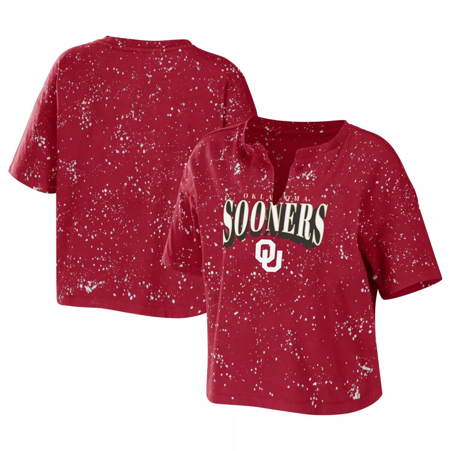 

Женская футболка WEAR от Erin Andrews Crimson Oklahoma Onceers Bleach Wash Splatter Notch Neck