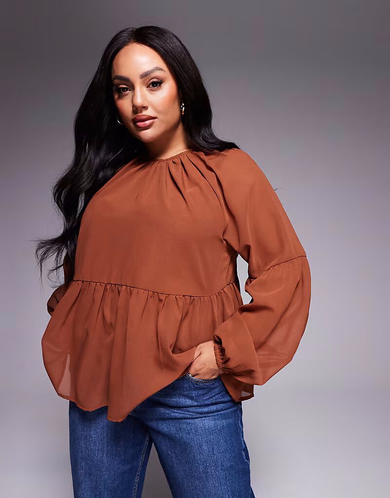 

Свободный топ с длинными рукавами ASOS DESIGN Curve коричневого цвета ASOS Curve