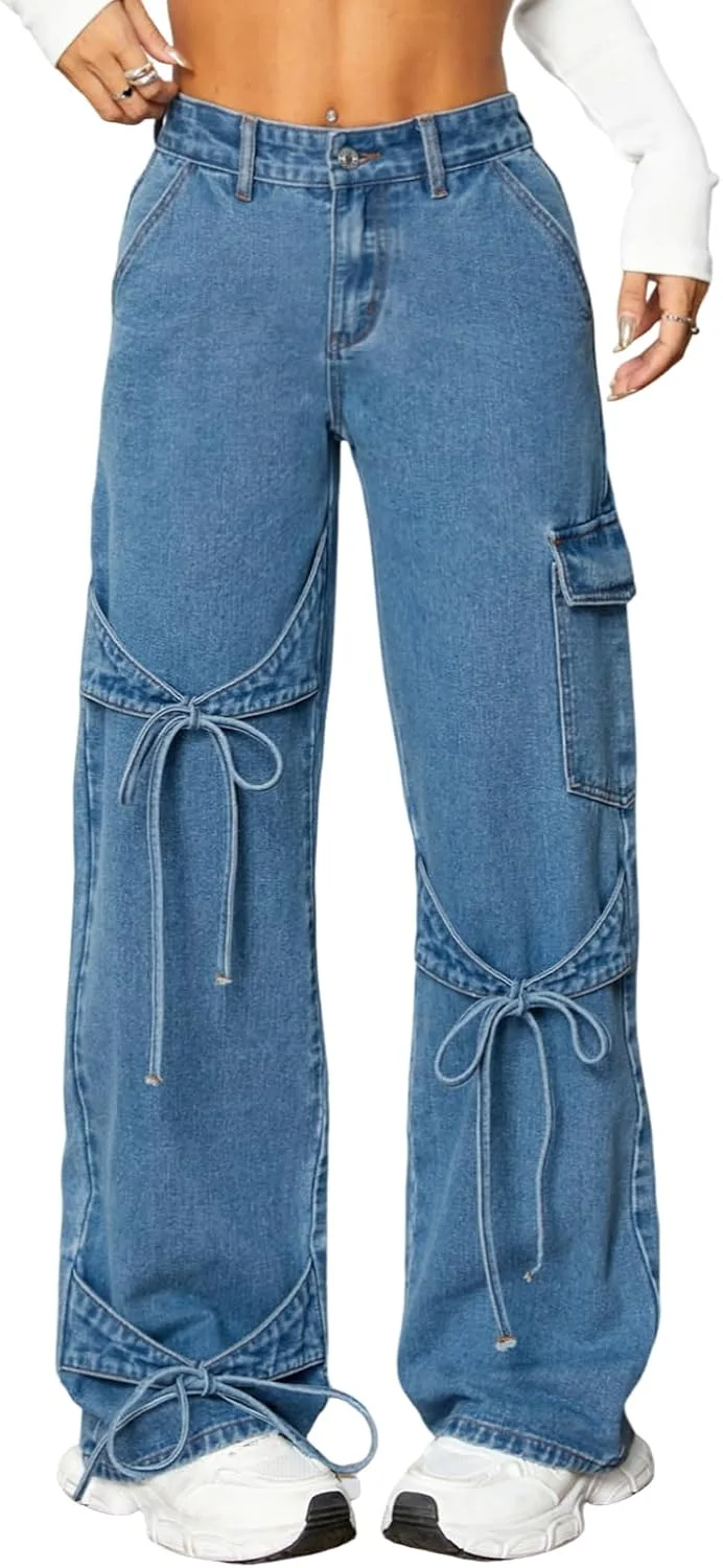 

Женские джинсы Baggy Bow Y2K с прямыми широкими штанинами, низкой посадкой и бантами