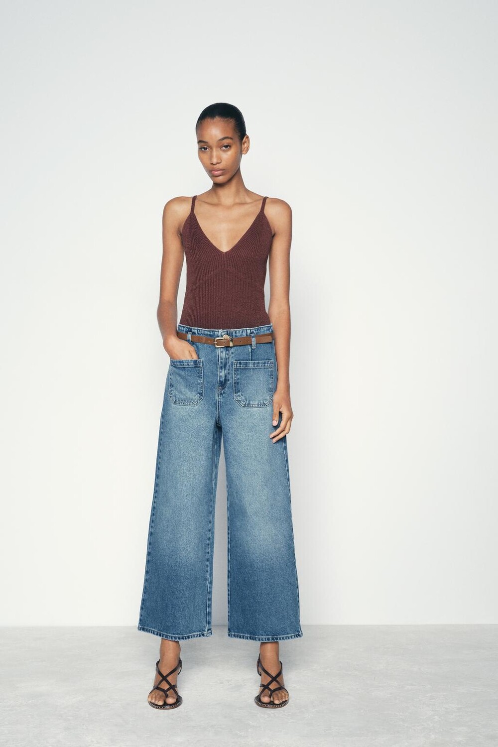 

Укороченные джинсы Z1975 с высокой посадкой и поясом ZARA, средне-синий