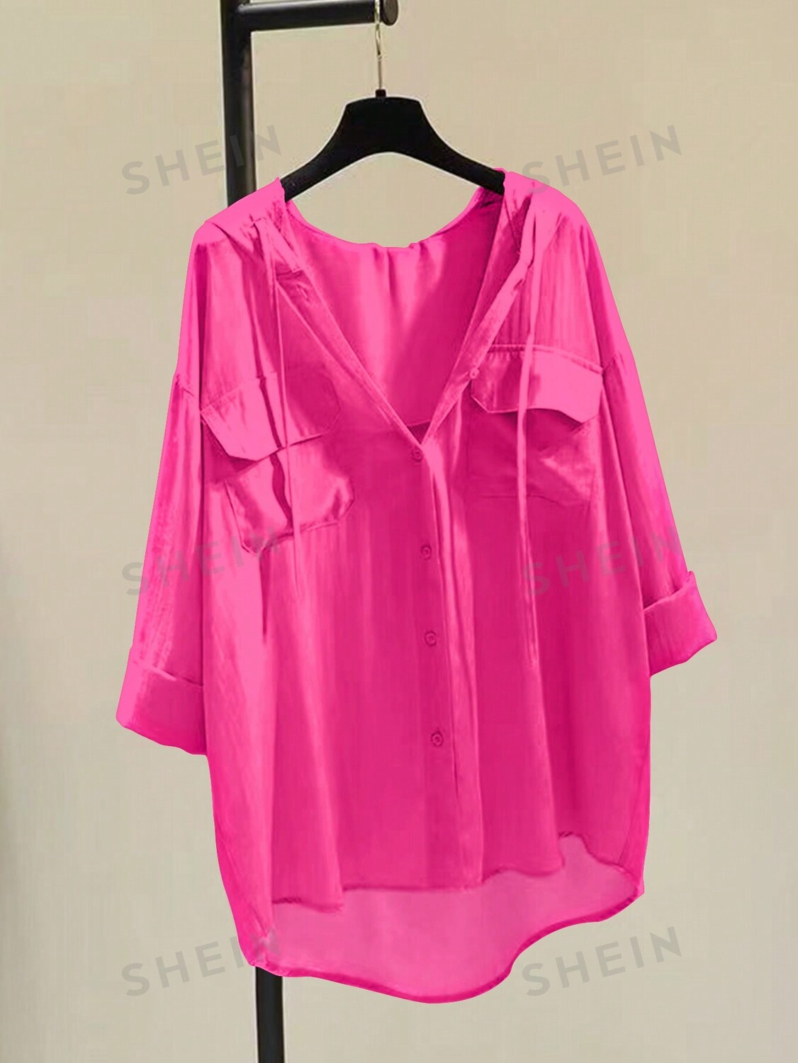 

EZwear Plus Блузка с капюшоном на плечах и карманами с клапаном Shein, фуксия