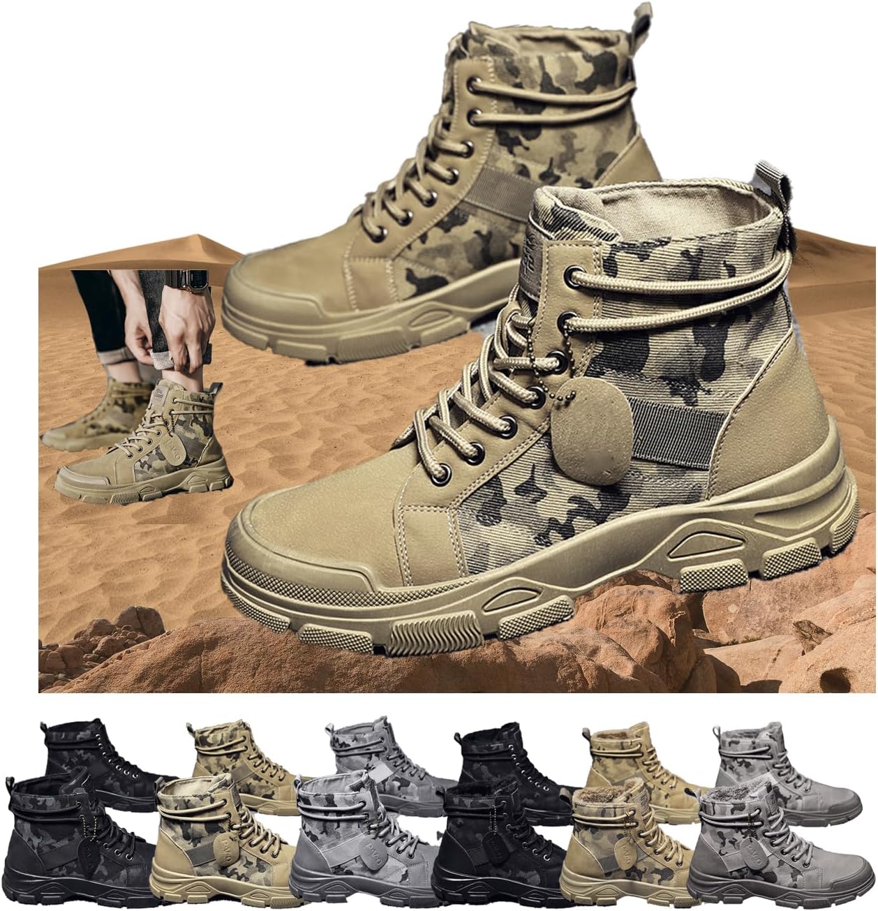 

Тактические высокие ботинки с камуфляжным рисунком для мужчин - Осенне-зимние высокие мужские кроссовки из канвы для походов на открытом воздухе, с утолщенным каблуком для повседневной работы и прогулок Generic, хаки