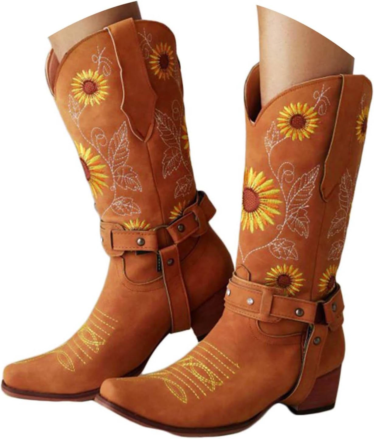 

Этнические винтажные ковбойские ботинки Hbeylia для женщин, с вышивкой подсолнухами, коричневый