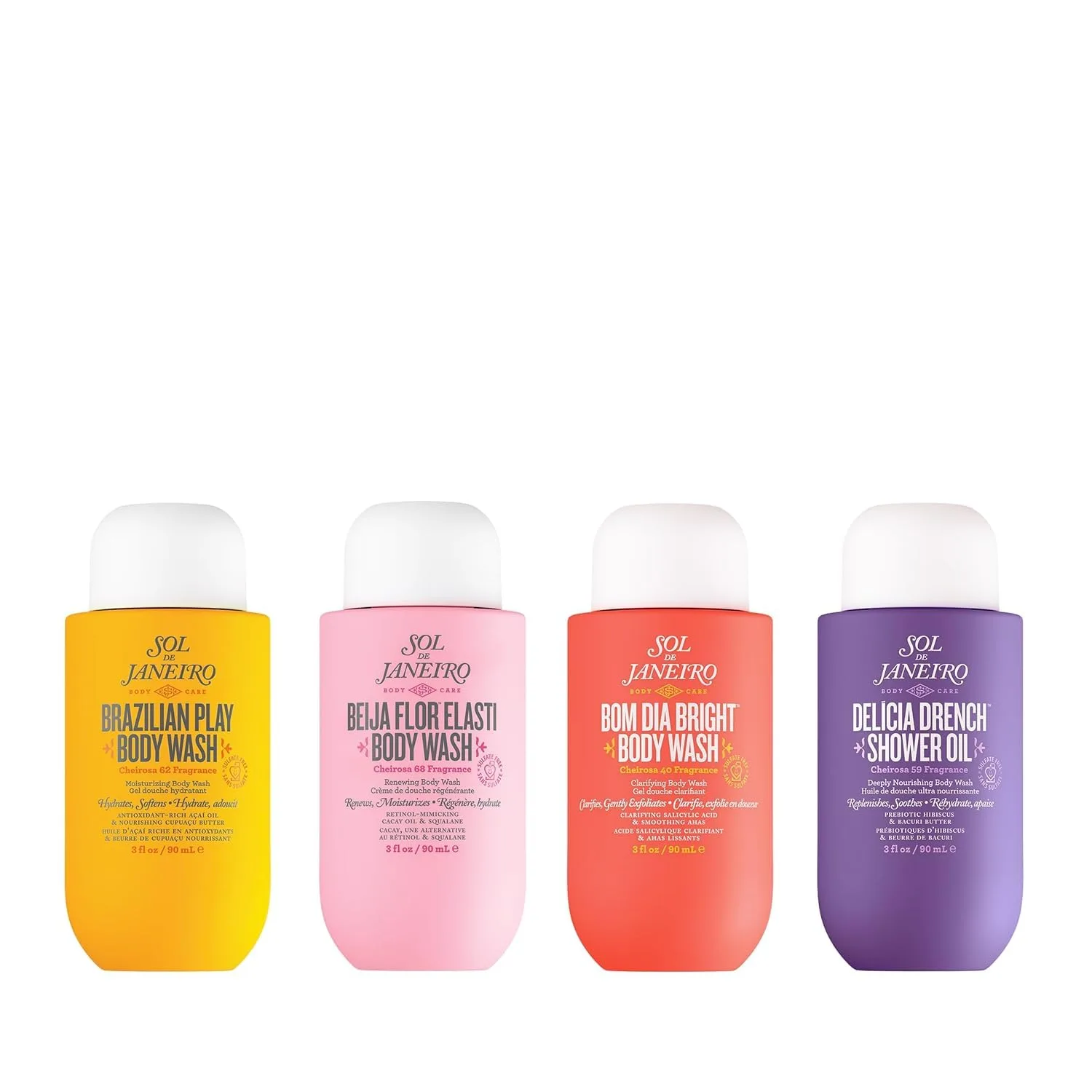 Набор из четырех гелей для душа Sol de Janeiro Scent Your Shower Travel Size Quad от Benefit: Brazilian Play, Beija Flor, Bom Dia, Delicia Drench (3 жидких унции).