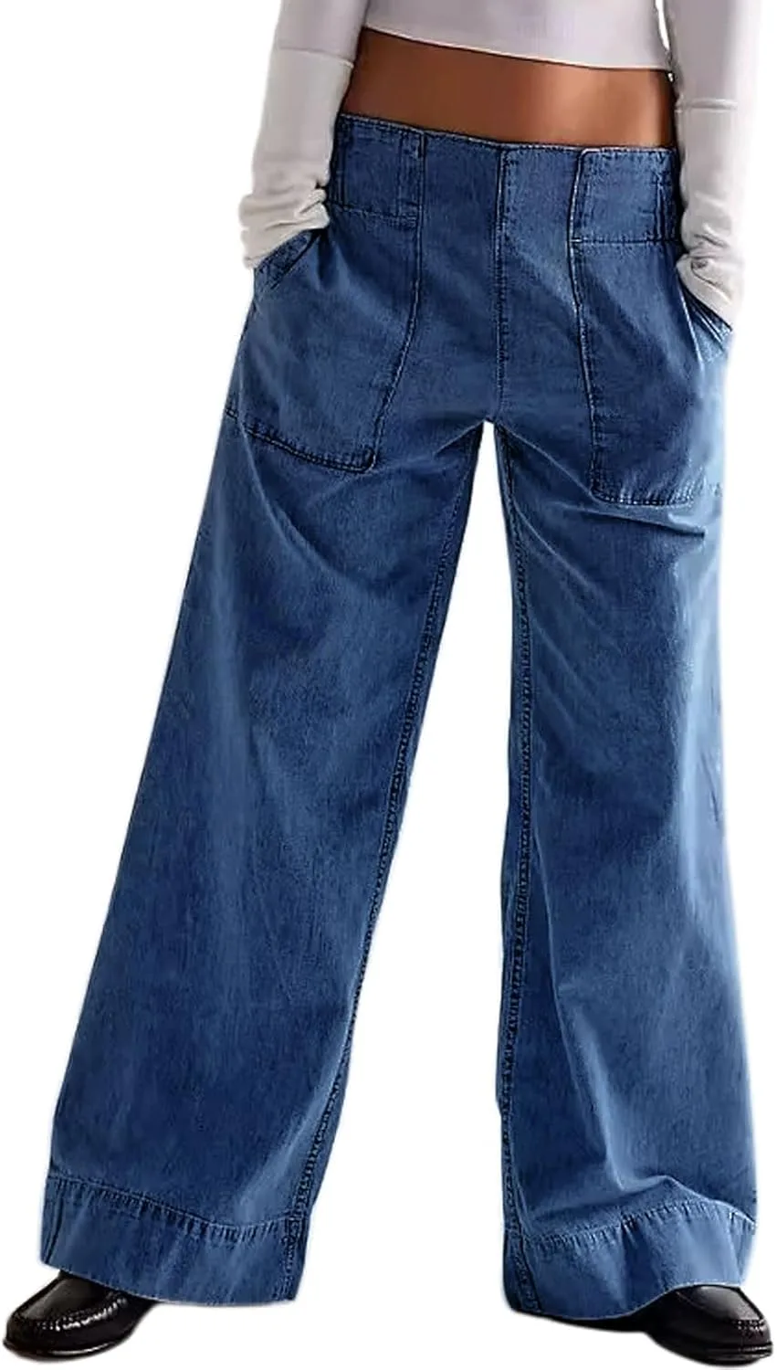 

CHARTOU Женские бойфренды Wide Leg Джинсы с Запахом на Спинке и Высокой Посадкой